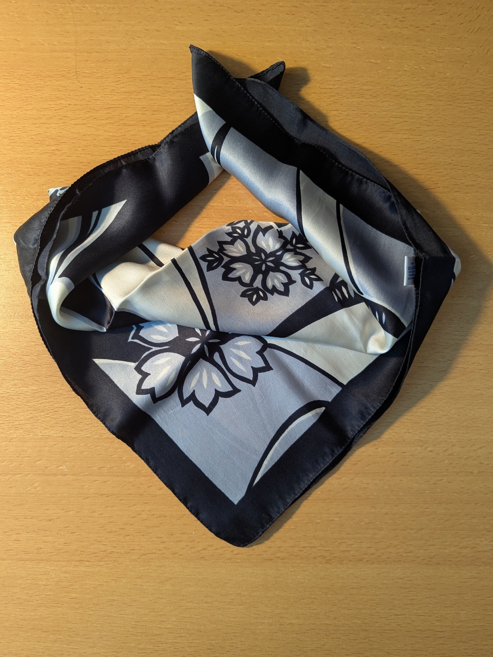 100% Silk Floral Print Bandana Scarf - Navy & Cream